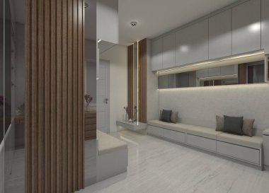 Minimalist kanepe, yan masa, dekoratif duvar panelleri ve üst depolama dolapları olan 3 boyutlu bir bekleme odası iç tasarımı. Mobilyaların yumuşak, parlak renk tonları, ahşap aksanları ve ışıklandırması.