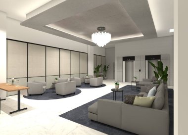 Modern ve şık bir otel lobisinin görsel 3 boyutlu tasarımı. Minimalist duvar süslemeleri ve zarif tavan ışıklarıyla tamamlanmış koltukları ve kahve masaları olan rahat oturma yerlerini gösteriyor. Çekici ve sofistike bir atmosfer.
