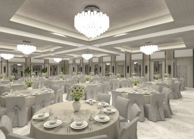 Lüks bir otel balo salonunun iç kısmının 3 boyutlu görselleştirmesi. Gösteriler sofistike masa ve sandalye düzenlemeleri, dekoratif duvar tedavileri, ayrıntılı tavan tasarımları ve ortam ışıklandırmasıyla tamamlanmış. Düğün, ziyafet ve etkinlikler için ideal.