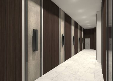 Duvar dekorlu bir koridor alanının 3 boyutlu iç tasarımı. Ahşap kaplama ve seramik döşeme.