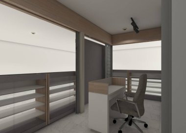 Küçük bir perakende alanı için minimalist bir kasanın ve servis masasının çağdaş 3D canlandırması. Dükkanın içi vitrin rafları ve vitrinleri içeriyor.