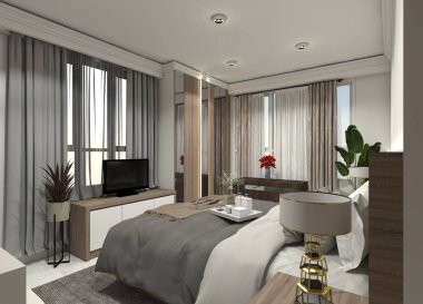 Konforlu yatak odası, minimalist televizyon dolabı, duvar dekoru ve pencere perdeleri olan kompakt bir 3 boyutlu iç dizayn. Tahta varyasyonlar, ayna camı ve ışıklandırmayla bej karışımı bir madde kullanıyor..