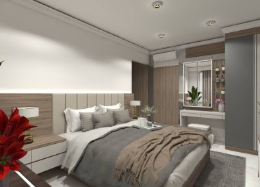 Minimalist 3D iç dizayn yatak odası, yatak ve yatak başlığı, komodin dolapları, tuvalet masası ve basit bir gardırop. Özellikler ince ahşap panel dekorasyonu.