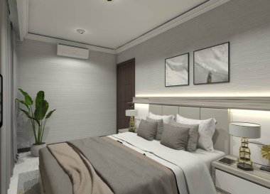 Basit bir yatak başlığı ve çekmece ünitesi olan minimalist bir yatak odasının güncel 3D görüntüsü. Ahşap aksanlı bej rengi paleti birleştirir.