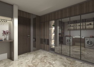 3 boyutlu bir elbise tasarımı ve rafları açık olan bir depo dolabı. Ahşap ve ayna kombinasyonlu kapılar, çamaşır odası ve gömme dolap için uygun..