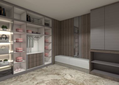 Açık bir gardırop dolabının 3 boyutlu tasarımı ve bank oturma alanı. Dolap tasarımında raflar, askı çubukları ve çekmeceler var. Beyaz bir malzeme, ahşap aksanlar ve aydınlatma dekoruyla birleştirilmiş, gömme dolap için uygun..