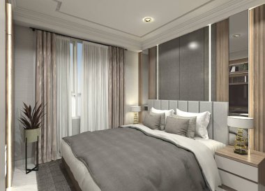 Minimalist ama lüks bir 3D iç dizayn. Büyük yatak odası. Rahat bir yatak, yastıklı yatak başlığı, komodinleri ve tavan paneli dekorasyonu var. Aydınlatma ile gri, ahşap ve ayna aksanlarının malzeme kombinasyonunu kullanır.