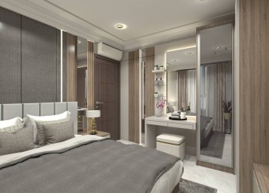 Tuvalet masası, ayna dolabı, gardırop ve duvar dekoru olan bir yatak odasının 3 boyutlu iç tasarımı. Açık bej, gri ve ahşap tonlu malzemeler ışık ile bitirilir.