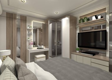Tuvalet masası, ayna dolabı, gardırobu, çekmeceleri ve rafları olan televizyon dolabı ve duvar paneli olan bir yatak odasının 3 boyutlu iç tasarımı. Açık bej, ahşap ton, ayna ve aydınlatma malzemelerinin tamamlanması.