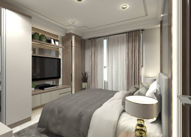 Konforlu bir yatak odası ve paneli olan ve rafları sergilenen televizyon dolabı olan modern bir 3D iç dizayn. Açık bej mobilyalar, ahşap renkler ve aydınlatılmış dekorasyonlar kullanıyor..