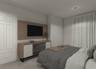 Minimalist ahşap televizyon dolabı ve iç yatak odası için paneller..