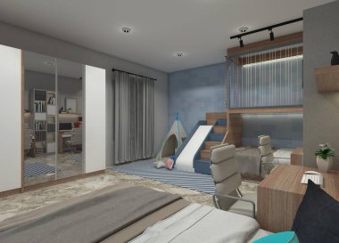 Minimalis gardırop ve asma katlı çocukların yatak odası tasarımı..