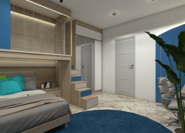 Asma kat ve giysi dolabı olan çocuk odası tasarımı..