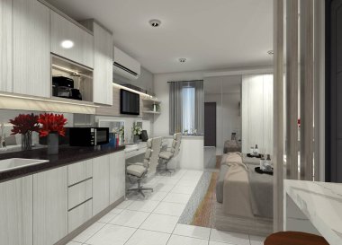 Kiler bölümü ve çalışma masası olan iç daire tasarımı.