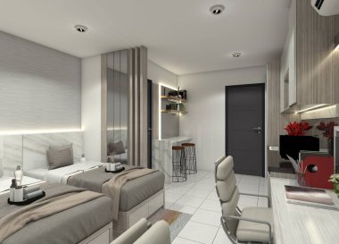 Modern ve Minimalist daire iç tasarımı çift kişilik yatak, çalışma masası ve bar masası.
