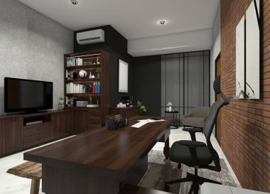 Ahşap çalışma masası, vitrin rafları ve televizyon dolabı olan kırsal çalışma odası iç tasarımı.