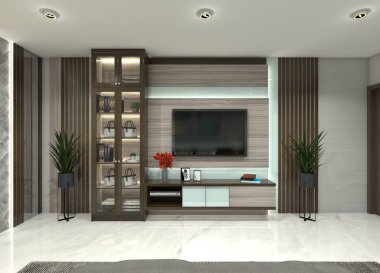 Oturma odası ya da yatak odası için uygun bir televizyon dolabı tasarlama fikri. Baskın ceviz ağacından yapılma modern bir tarz. Özellikler dolapları, çekmeceleri, dekoratif duvar panellerini ve ışıklandırmayı gösterir.