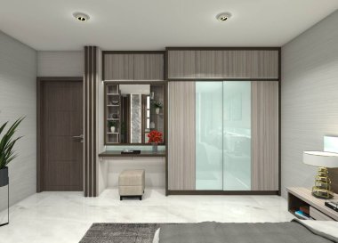 Gardırop için 3D tasarım fikri ve yatak odasının iç kısımları için de tuvalet masası. Minimalist ve modern stil mavi cam aksanlı ahşap malzeme kullanıyor. Makyaj aynası, bank koltuğu, depolama rafları ve aydınlatma içerir.