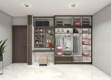 Üç boyutlu bir gardırop ve kapısı olmayan tuvalet masası tasarımı fikri. Depolama bölümü ve bölümler için tasarlanmış. Giysi rafları, askı çubukları, çekmeceler ve makyaj deposu için bir kutu..