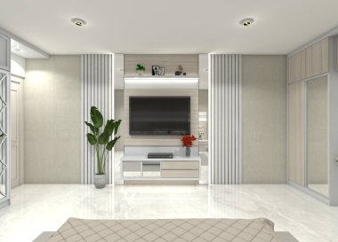 Yatak odası ve oturma odası için uygun bir televizyon dolabı için minimalist ve modern 3D tasarım. Baskın bej rengi, yumuşak ahşap tahılı ve beyaz. Çekmeceleri, üst rafları, duvar dekorunu ve ışıklandırmayı içerir.