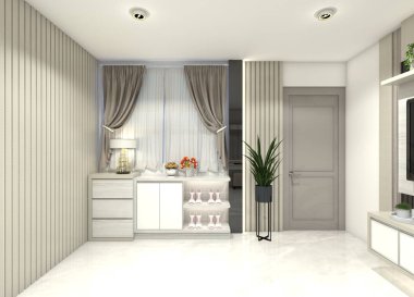 Pencere altına yerleştirilmiş bir ayakkabı ve depo dolabı için minimalist 3D tasarım. Yatak odası, oturma odası ve gömme dolap için uygun. Yumuşak ahşap ve beyaz renk karışımı kullanıyor..