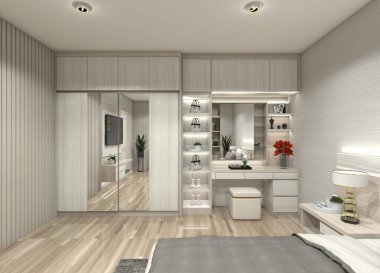 Yatak odası gardırobu ve tuvalet masası için 3 boyutlu tasarım. Moda, başta hafif ahşap maddeler ve dekoratif ışıklandırmalar olmak üzere minimalist ve modern. Ayna, çanta ve ayakkabı vitrinleri, depolama dolapları ve çekmeceler de dahil..