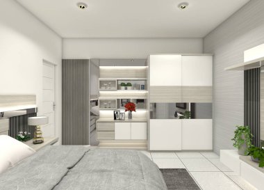 Yatak odası dolabı için 3D tasarım ve rafları olan bir dolap. Moda, çoğunlukla beyaz ve bej malzemeler kullanan minimalist ve moderndir. Duvar paneli dekorasyonu ve ışıklandırma aksanları içeriyor.