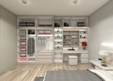 3 boyutlu bir makyaj masası ve kapısız gardırop tasarımı. Yatak odaları ve gömme dolaplar için mükemmel. Sergide giysi rafları, çekmeceler, asılı raylar ve entegre ışıklandırma yer alıyor..