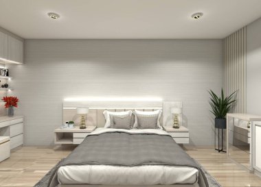 Yatak odası için 3 boyutlu bir iç tasarım, minimalist panelli yatak başlığı ve komodinli yatak başlığı. Moda, temel olarak beyaz malzemeler ve dekoratif ışıklandırma kullanılarak modern ve minimalist olarak tasarlanmıştır..