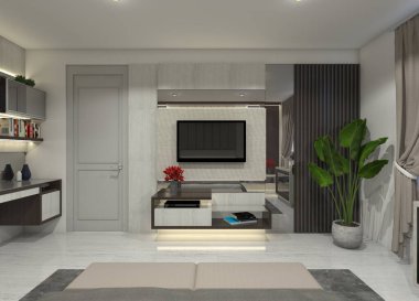 Yatak odası ve oturma odası için modern yarı endüstriyel 3D televizyon dizaynı. Hafif ahşap, koyu renk ahşap ve ayna cam malzemeler kullanıyor. Tasarım masa çekmeceleri ve ışıklandırmayı içeriyor.