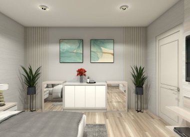 Minimalist ve modern 3D depolama dolabı ya da yatak odası ve oturma odaları için credenza tasarımı. Sergide hafif ahşap tahıl, beyaz ve ayna çekmece malzemeleri yer alıyor ve dekoratif elementler ve duvar panelleri yer alıyor..