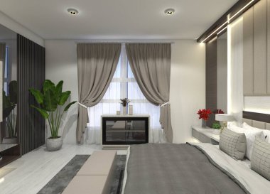 Minimalist bir masa dolabının 3 boyutlu tasarımı ve yatak odası ve oturma odası için çekmeceler. Siyah cam, ayna ve hafif ahşap malzeme kullanır..