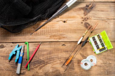 Fishing tools and gear. Fishing hooks and floats. Various floats for fishing. Copy space.