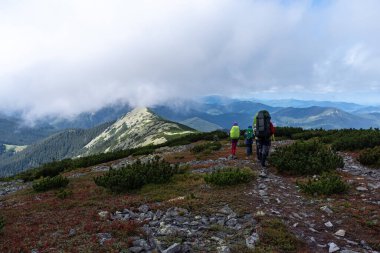 Dağlarda bir grup turist. Turistler ve dağ arazisi. Sırt çantalı turistler. Dağlık arazi ve gökyüzü.