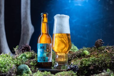 KYIV, Ukrayna - 12 Şubat. Ukrayna 'dan 2023 Brewers Aile Birası. Bir şişe bira ve bir bardak taze köpüklü bira yosunların üzerinde duruyor..