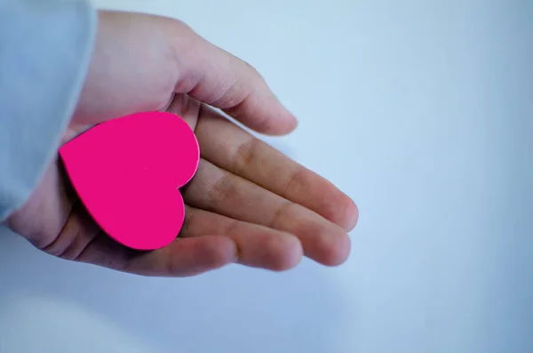Pink heart in a woman\'s hand on a blue background