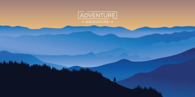 Akşamları ağaçlarla kaplı mavi manzara dağları. Macera arkaplan düz tasarımı