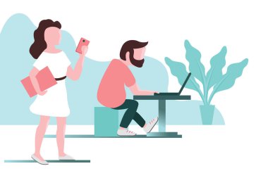 Genç bürosu çalışıyor. Bir erkek dizüstü bilgisayarda, bir kadın da akıllı telefonuyla ayakta duruyor. Sonraki yer için vektör illüstrasyonuName