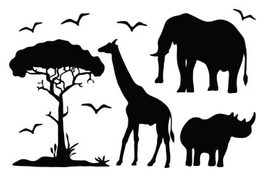 Afrika ovasındaki hayvan ve ağaçların silueti. Siluet hayvan koleksiyonu
