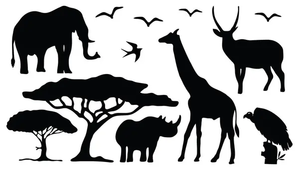 アフリカのサバンナの動物や木のシルエット シルエット動物のコレクション — ストックベクタ