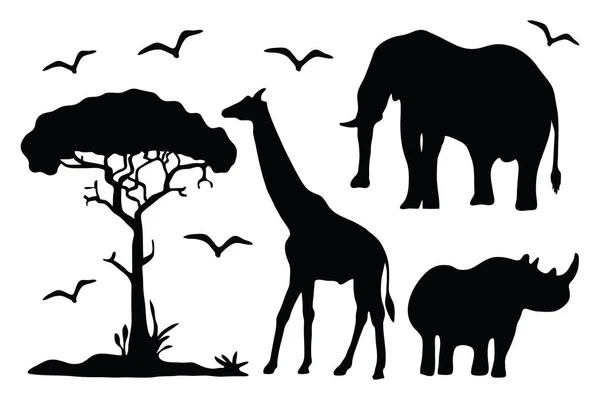 アフリカのサバンナの動物や木のシルエット シルエット動物コレクション — ストックベクタ