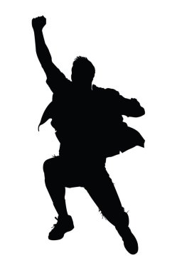 Mutlu atlayışlar, zıplayan bir adamın silüeti. Siyah ve beyaz vektör koleksiyonu.