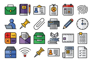 Ofis doldurulmuş simge seti. Koleksiyonlar arasında web tasarımı, uygulama tasarımı, yazılım tasarımı yer alıyor,