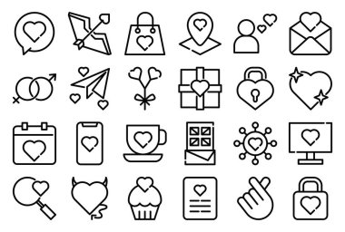 Bir grup Aşk ana hatları simgesi seti. Koleksiyonda mobil uygulama, web tasarımı, bir kutlama anı, Sevgililer Günü, düğün, doğum günü ve daha fazlası yer alıyor..