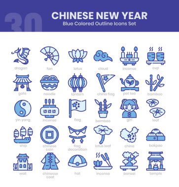 Çin Yeni Yıl Simgeleri Paketi. Mavi renkli taslak simge biçimi. Vektör illüstrasyonu
