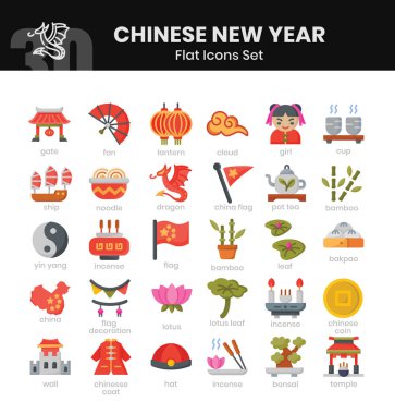 Çin Yeni Yıl Simgeleri Paketi. Düz simge tarzı. Vektör illüstrasyonu