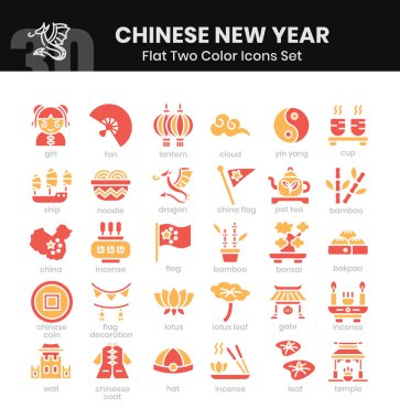 Çin Yeni Yıl Simgeleri Paketi. Düz iki renkli ikon tarzı. Vektör illüstrasyonu