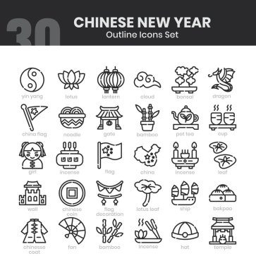 Çin Yeni Yıl Simgeleri Paketi. İnce dış hatlar simgesi tarzı. Vektör illüstrasyonu