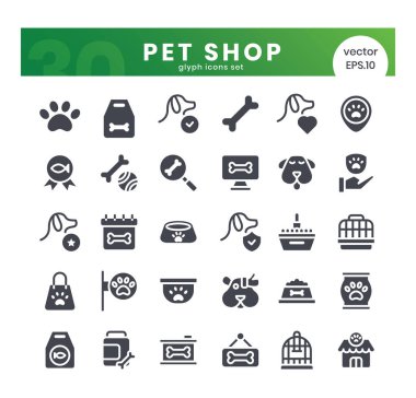 Evcil hayvan dükkanı ikonları. Glyph tarzı simge paketi. Vektör İllüstrasyonu
