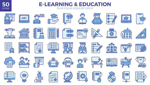 E-learning and education blue colored outline icons set.
